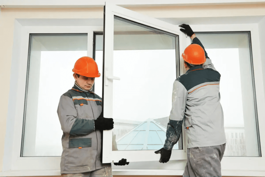 Técnicos instalando ventanas de aluminio en Bogotá, proyecto arquitectónico con acabados de alta calidad.