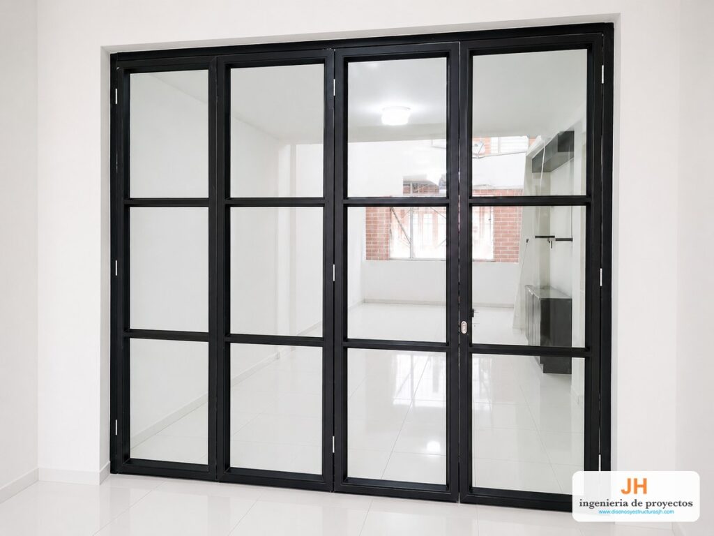 Puerta plegable nacional de cuatro hojas en aluminio negro con travesaños y vidrio templado, división entre sala y terraza en Bogotá, fabricada e instalada por JH
