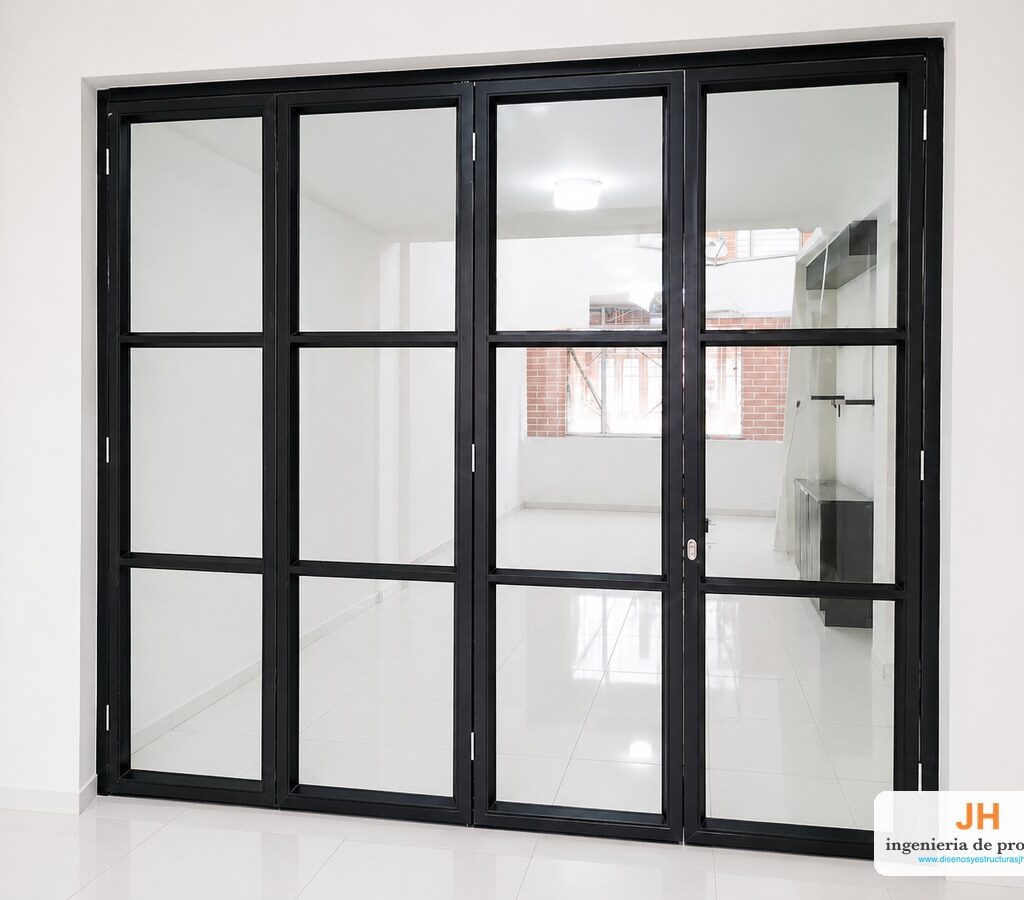 Puerta plegable nacional de cuatro hojas en aluminio negro con travesaños y vidrio templado, división entre sala y terraza en Bogotá, fabricada e instalada por JH
