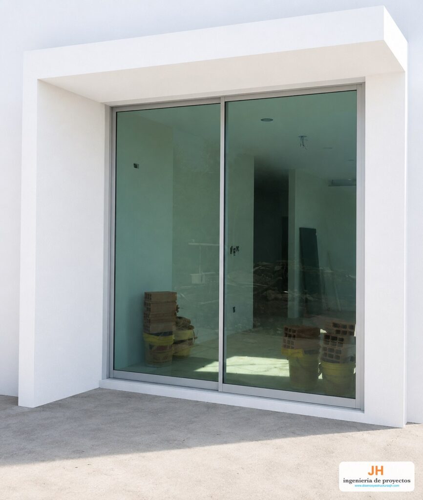 Puerta ventana corrediza sistema 80-25 en aluminio con vidrio verde, Bogotá, obra de JH