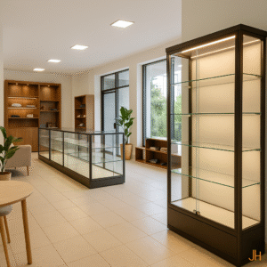 Interior de tienda con mobiliario moderno y diseño funcional para la exhibición de productos.