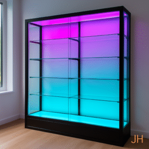 Vitrina moderna en vidrio y aluminio con iluminación LED
