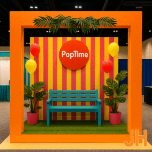 Spot comercial moderno y creativo diseñado por Diseños y Estructuras JH, con colores llamativos y espacio atractivo para ferias y eventos.