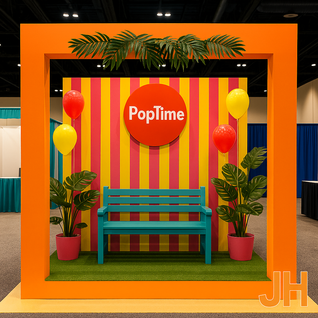 Spot comercial moderno y creativo diseñado por Diseños y Estructuras JH, con colores llamativos y espacio atractivo para ferias y eventos.