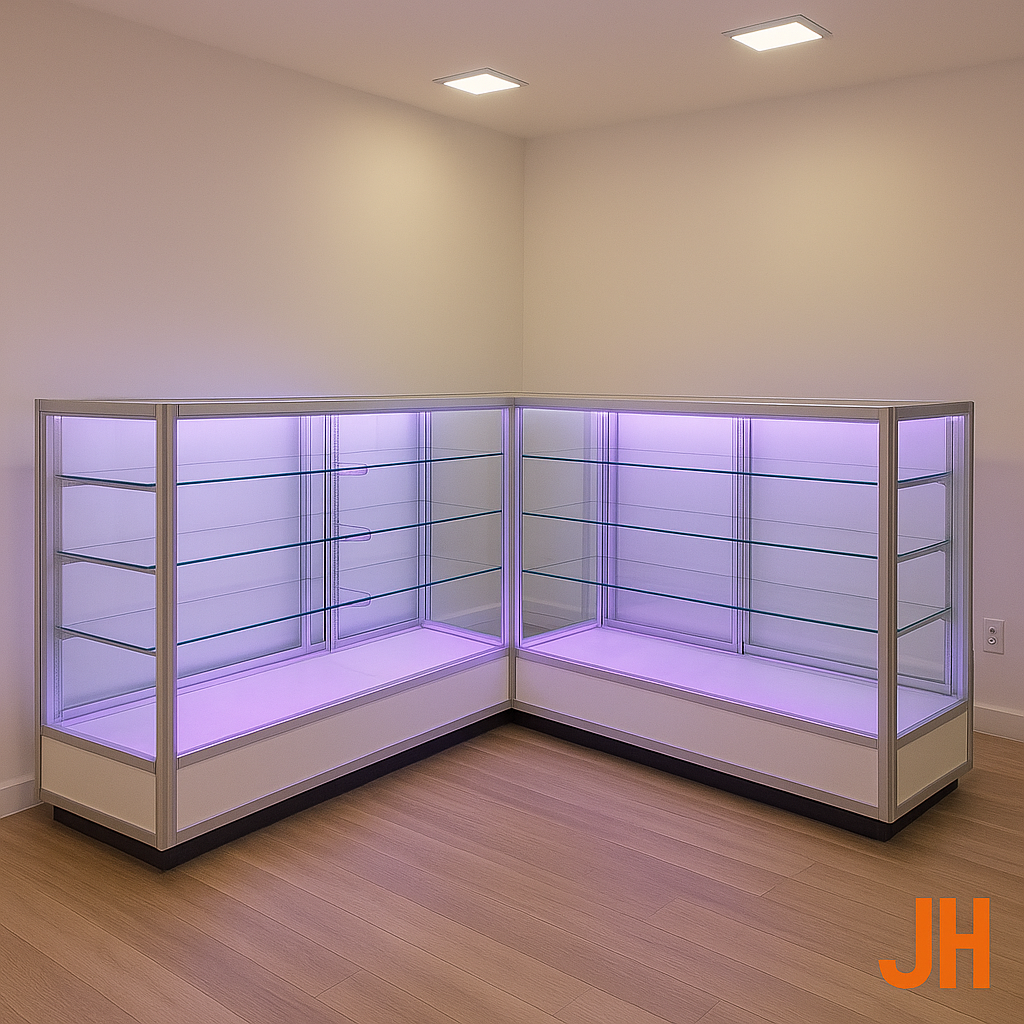 Montaje de vitrinas comerciales en forma de L con diseño en vidrio y luz LED.
