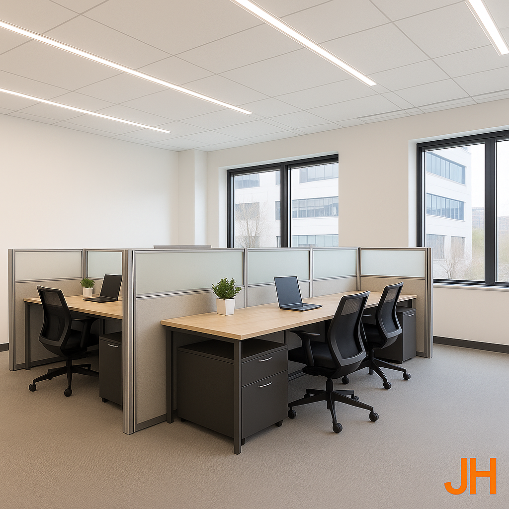 Oficina moderna con diseño ergonómico, iluminación natural y mobiliario funcional