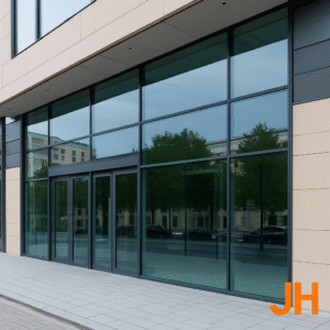 Fachada comercial en vidrio moderna que proyecta confianza y estilo.