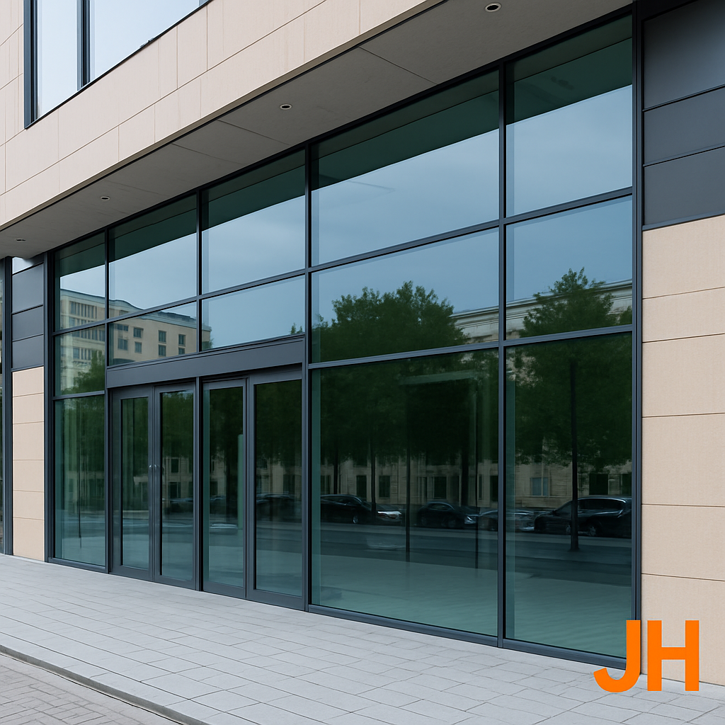 Fachada comercial en vidrio moderna que proyecta confianza y estilo.