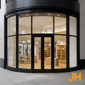 Fachada comercial en vidrio y aluminio iluminada con estilo moderno.