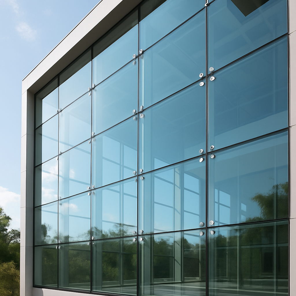 Fachada spider en vidrio templado y laminado con herrajes interiores ocultos, diseño moderno y minimalista.