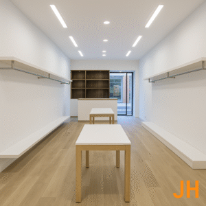 Interior de local comercial minimalista e iluminado, mostrando un diseño limpio y moderno.