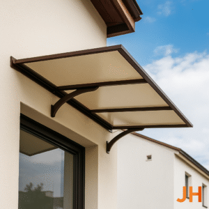 Fotografía de una marquesina contemporánea fabricada en vidrio y aluminio, instalada sobre la entrada de una vivienda moderna.