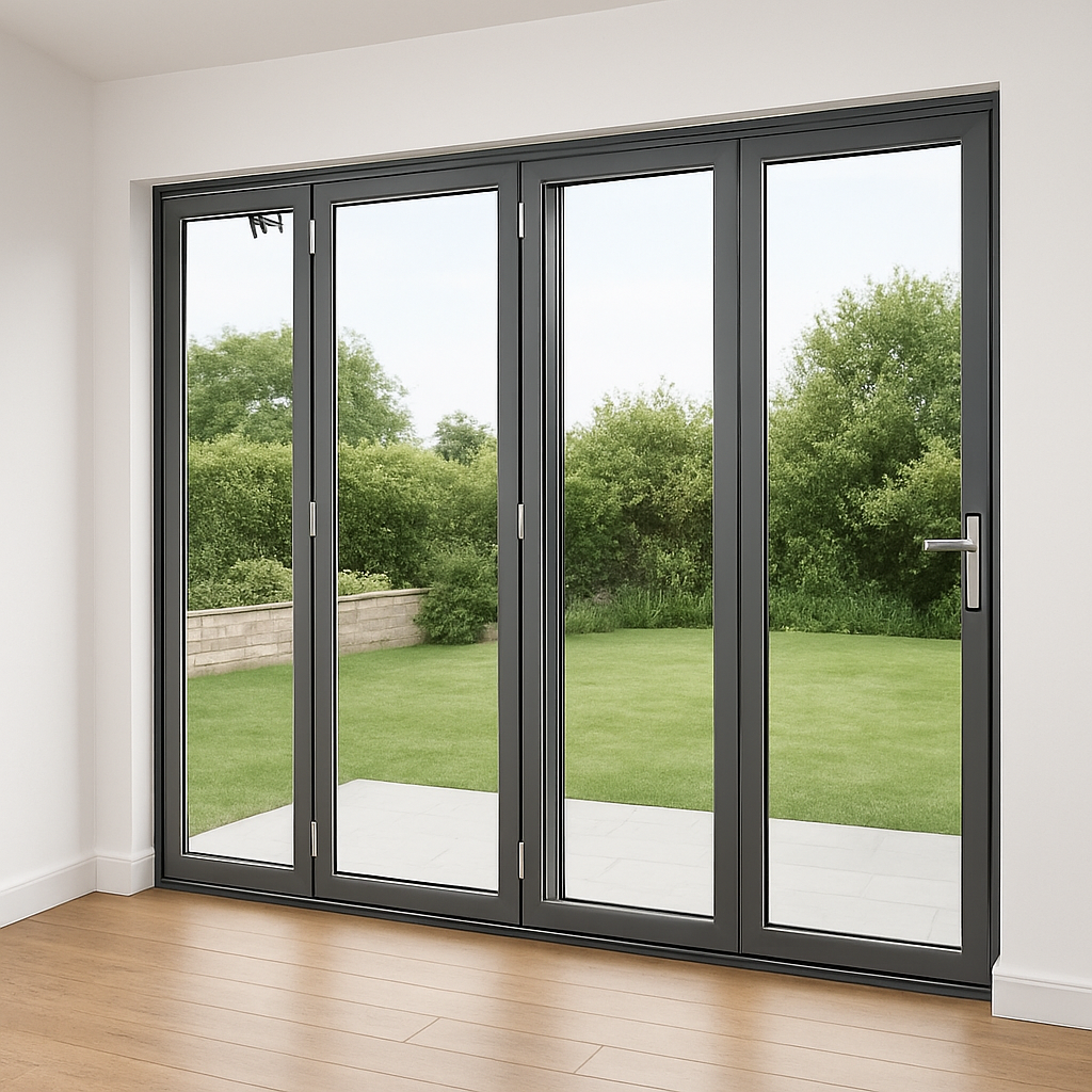 puerta plegable AWA de 4 hojas en aluminio natural con vidrio templado