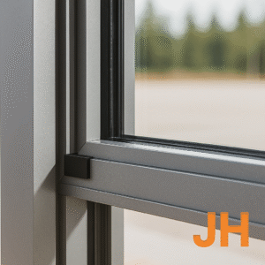 Detalle de una ventana de aluminio con cierre hermético y sellado de alta calidad, ideal para aislamiento térmico y acústico en proyectos residenciales y comerciales.
