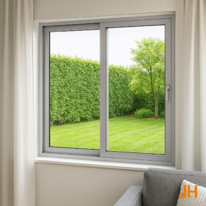 Ventana corredera de aluminio con vidrio amplio en un interior moderno y luminoso.