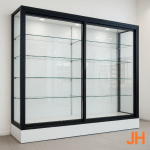 Vitrina comercial instalada con diseño moderno y acabado profesional