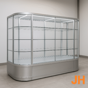 Vitrina minimalista de aluminio y vidrio con líneas rectas y diseño moderno