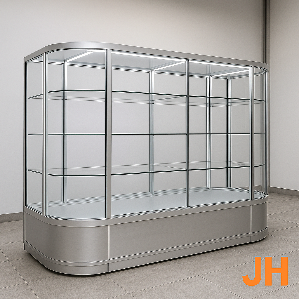 Vitrina minimalista de aluminio y vidrio con líneas rectas y diseño moderno