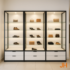 Vitrinas comerciales de vidrio grandes e iluminadas con luces LED, destacando los productos exhibidos.