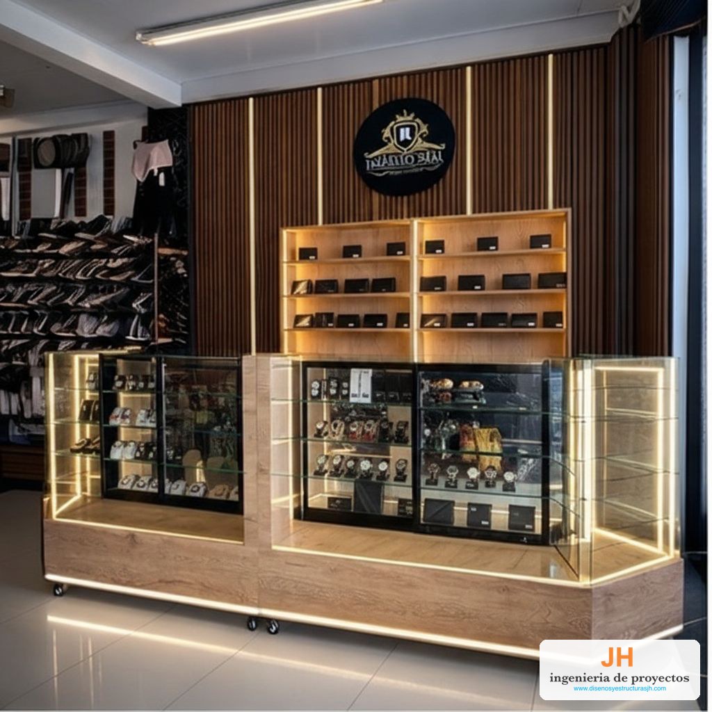 Vitrinas mostrador en madera y vidrio templado con luz LED para relojes y joyería, con módulo de pared y panel de marca, local en Bogotá, obra de JH