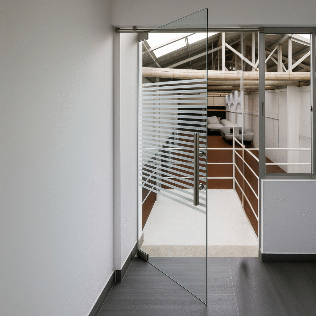 Puerta abatible en vidrio templado con herrajes en acero inoxidable instalada en oficina moderna.