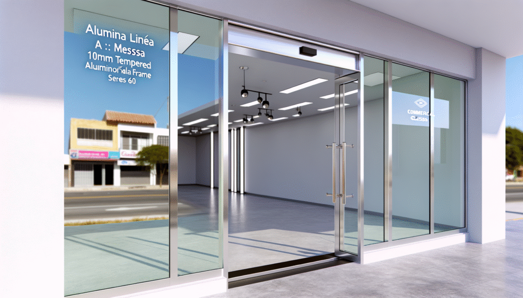 Vitrina comercial moderna de vidrio y aluminio en Bogotá