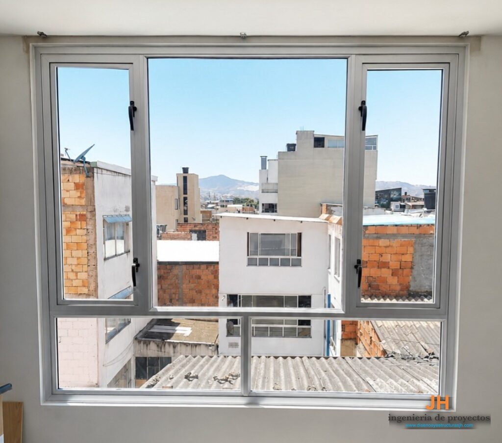 Ventana antiruido termoacústica en aluminio con vidrio DVH, fabricada por Diseños y Estructuras JH en Bogotá