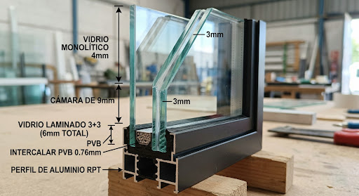 Composición del vidrio termoacústico DVH: vidrio monolítico 4 mm, cámara de aire, vidrio laminado 3+3 con PVB y perfil de aluminio