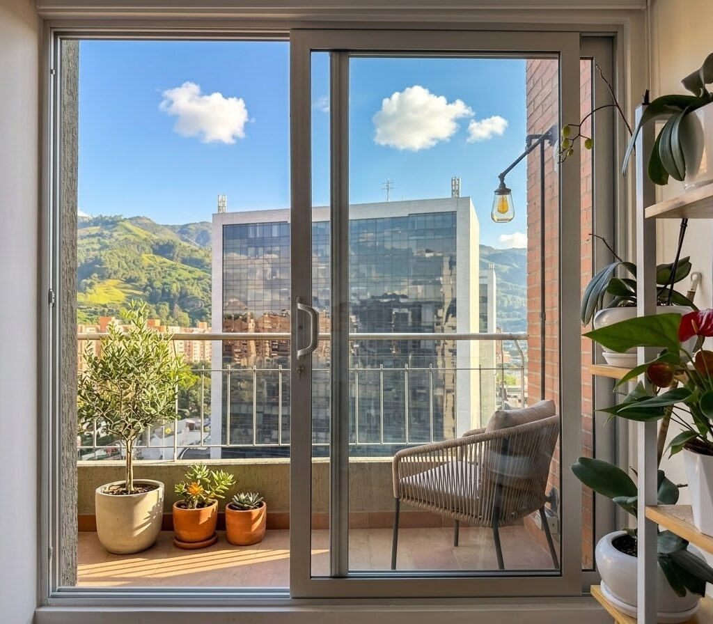 Puerta ventana corrediza Kimbaya en aluminio instalada por Diseños y Estructuras JH en un balcón de apartamento en Bogotá